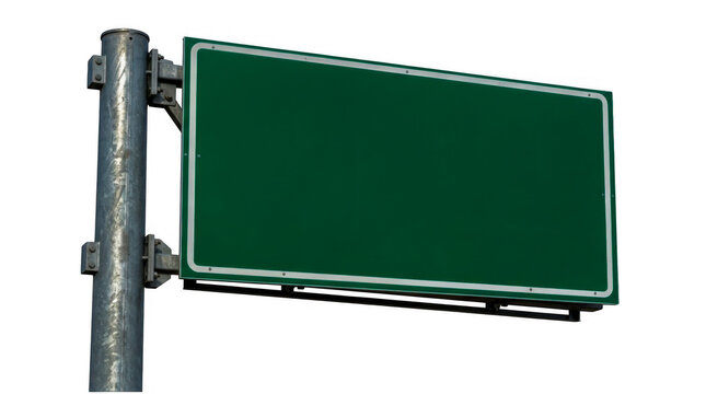 Blank green highway road sign on a metal pole for directions isolated on transparent background
