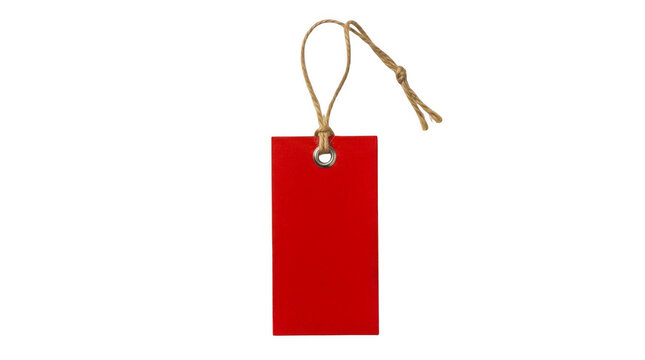 Blank red paper price tag with a brown string loop isolated on transparent background