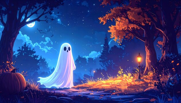 Fantasma blanco en bosque nocturno con luna y hojas de oto&ntilde;o