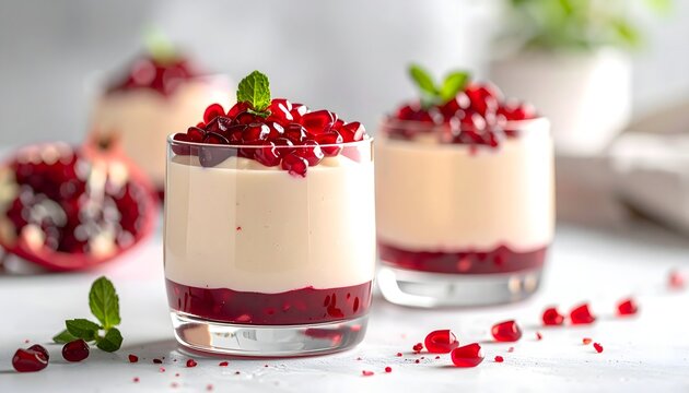 Postres cremosos con salsa roja y semillas de granada