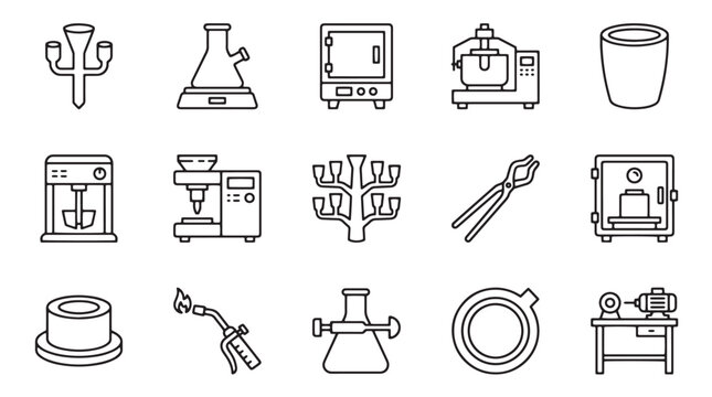 Minimalist metallurgy icon set, foundry and casting outline vector elements, industrial manufacturing symbols for design projects