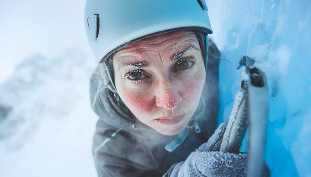 Mujer con casco y piolet practicando escalada en hielo