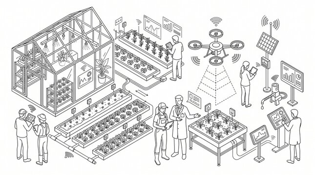 Isometric line art vector illustration of agronomists and researchers monitoring smart farming data on tablets with drone and greenhouse setup   