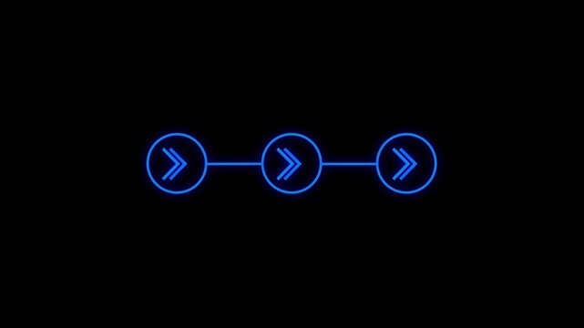 Electric Blue Neon Three Step Double Chevron Arrow Workflow Animation with Glowing Connected Circular Icons on Black Background for Business Process Navigation and Digital Motion Graphics