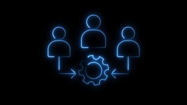 Collaboration icon animation displays teamwork avatars beside a gear cog on dark. Workforce data routes through icon. Business operations consoles use active icon.