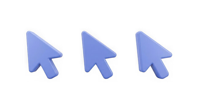Three blue 3d computer mouse arrow pointer cursor icons set isolated on transparent background