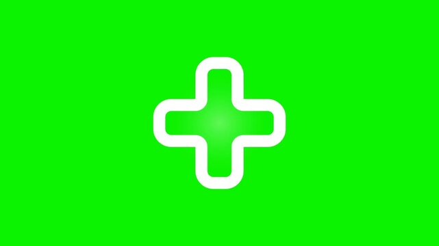 Glowing white medical plus symbol animation rotating smoothly on bright vibrant green chroma key background