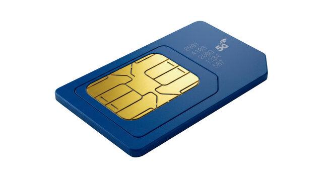 Blue sim card with gold chip for mobile phone connection isolated on transparent background