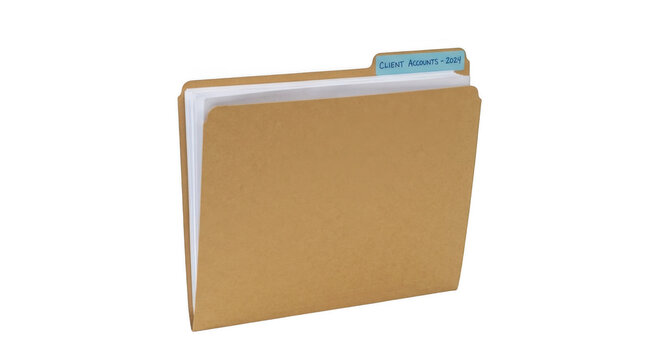 Brown paper office file folder with a blue label tab isolated on transparent background