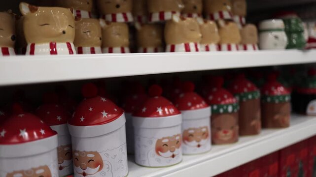 Christmas storage tins with Santa faces and festive red lids line store shelves offering colorful seasonal containers for holiday treats gifts and cozy holiday home decor