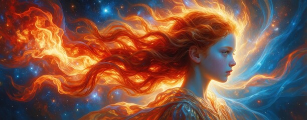 Fototapeta premium Fantasy illustration of young girl with long fiery red hair. Glowing hair flows like flames, clouds in cosmic space. Ethereal female profile against blue nebula sky, bright stars. Magic energy
