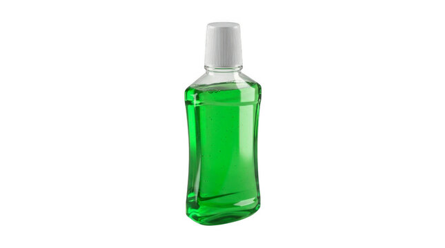 Clear plastic bottle filled with green liquid mouthwash isolated on transparent background