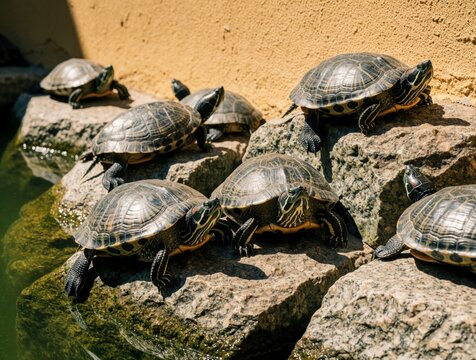 Group of pond slider turtles sunbathing on large rocks near water. Small reptiles rest on stone edges in sunny outdoor pond at Arizona restaurant. Wild turtles with patterned shells bask in heat to