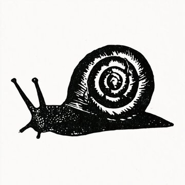 Black ink snail illustration in vintage woodcut style