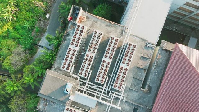Aerial view of air conditioning units on a rooftop in Malang, East Java, Indonesia.