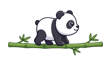 Cute baby giant panda bear walking along a green bamboo stalk, cartoon flat design vector illustration of a panda cub isolated on a white background, wildlife and nature art. © achmad