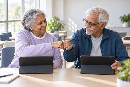 Older adults celebrate shared tablet learning in a bright classroom