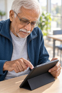 Senior South Asian man learning on a tablet in a bright classroom