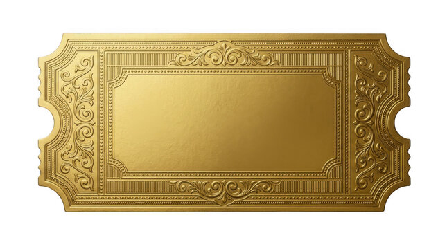 Empty golden vintage ticket with ornate decorative border isolated on transparent background