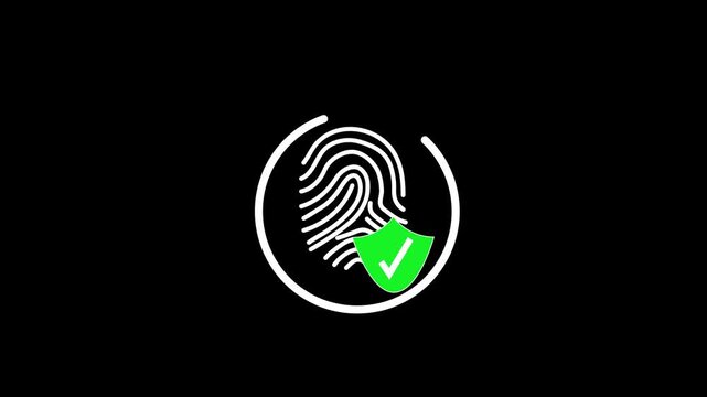 Fingerprint icon animation displays a protective shield and check mark on dark. Verification compliance data confirms on icon. Consoles rely on fingerprint icon.