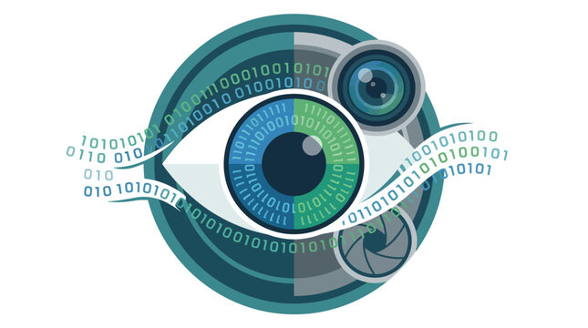 Cyber security digital eye scanning binary data stream with camera lens elements flat vector illustration.