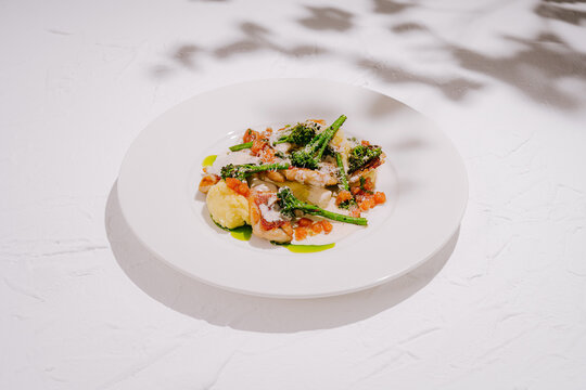 Gourmet plated chicken with broccolini and mashed potatoes