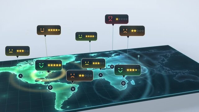 Customer reviews pop up across a 3D world map and turn from negative ratings to five star scores