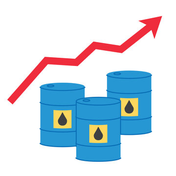 oil barrels with rising red arrow; increasing oil prices, crude oil market growth, energy costs, inflation and commodity price trends - vector illustration