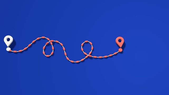 Tangled route line between two location pins untangles into a straight path, shortest way concept