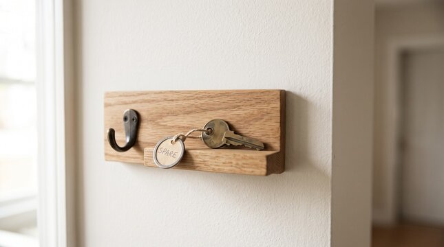 Single spare house key beside an empty key hook on a clean wall, moving home concept, soft natural light