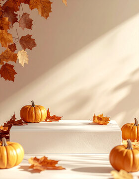 Empty rectangular podium stage surrounded by small natural pumpkins and dried autumn leaves, beige wall backdrop, product placement. Mock-up. Close-up.