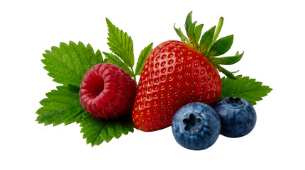 Fresh strawberry raspberry and blueberry with green mint leaves isolated on transparent background © Designer