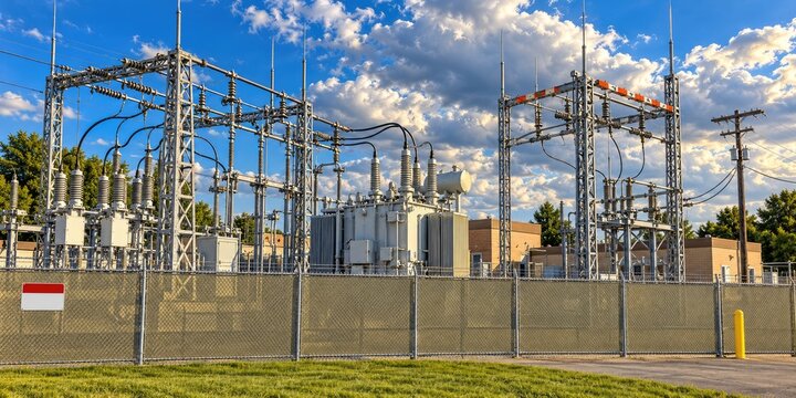 High voltage power substation station with complex metal framework and electrical transformers under puffy clouds ensuring reliable energy distribution network.