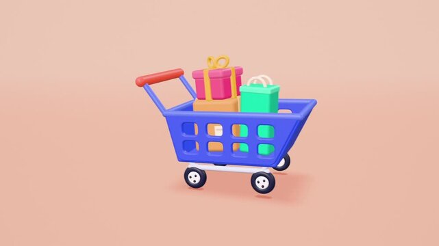 Online shopping cart filling with gift boxes and bags as green checkout button appears with checkmark