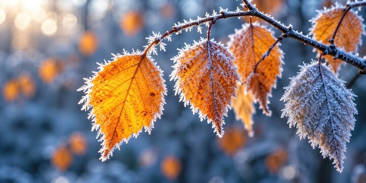 Close up of frozen autumn leaves on a branch in sunlight with icy frost sparkling on edges.