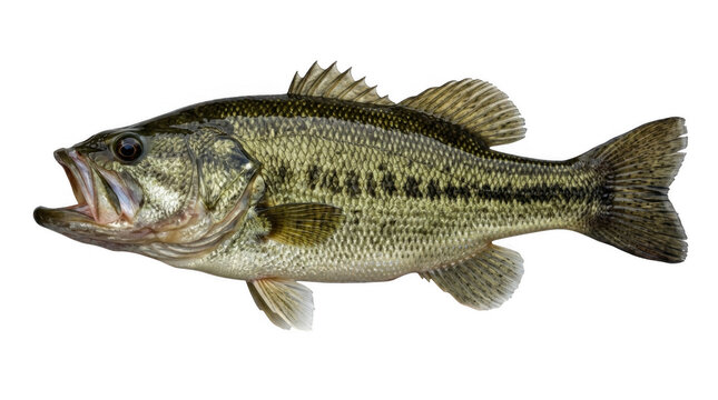 Large green largemouth bass fish swimming with open mouth isolated on transparent background