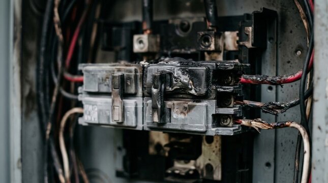 A close up view of severe damage caused by an electric burn inside a damaged electrical panel with melted plastic switches and ruined wires showing fire destruction