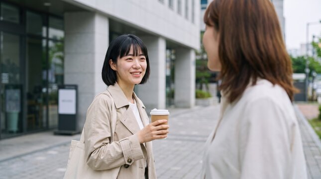 Generative AI, Smiling Woman Holding a Takeaway Coffee While Talking Outside an Office Building