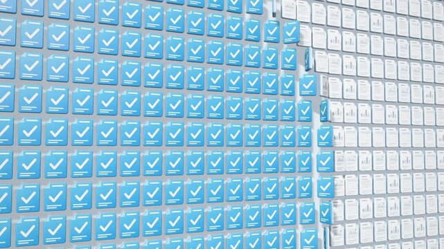 Wall of document icons turning blue with checkmarks as orange and yellow tiles assemble into folder symbol