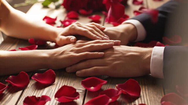 Hands Resting Together in Romantic Setting Surrounded by Petals