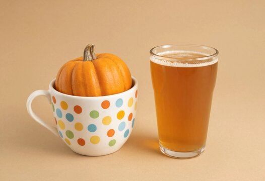 A small pumpkin in a polka dot mug next to a glass of beer on a neutral background