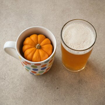 A miniature orange pumpkin inside a colorful polka dot mug next to a glass of craft beer