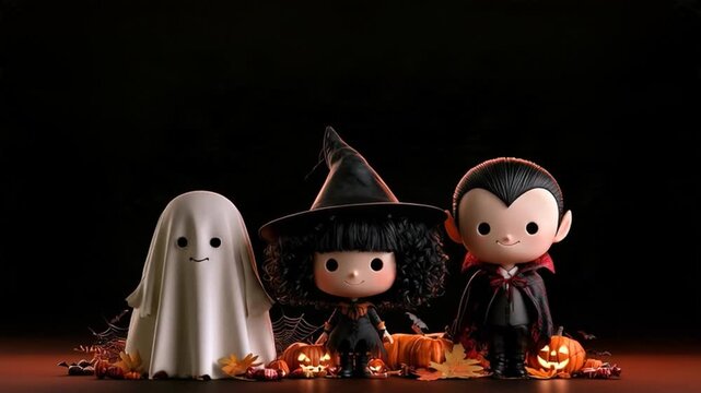 Set of animated cartoon Halloween characters, including a witch, Dracula, and a dancing witch, on a darkbackground.