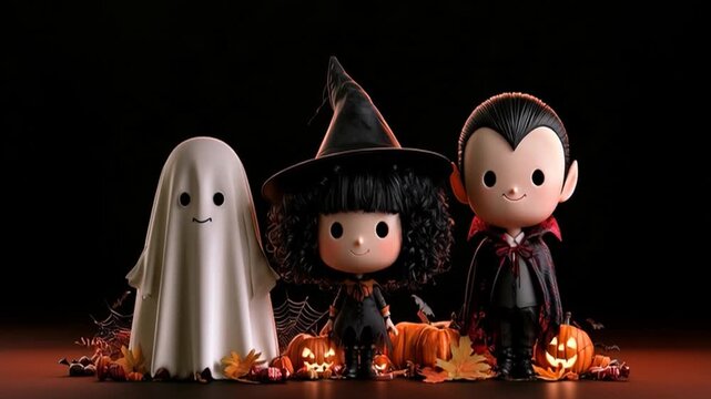 Set of animated cartoon Halloween characters, including a witch, Dracula, and a dancing witch, on a darkbackground.