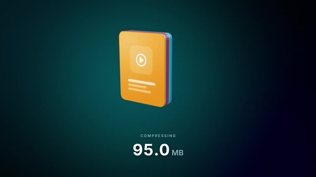 File compression animation, colorful files stacking into zip archive as the size counter drops