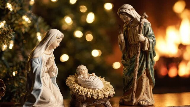 Nativity Scene with Mary Joseph Baby Jesus Fireplace and Christmas Lights