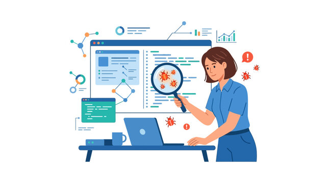 Professional software tester woman finding and fixing technical bugs in program code flat vector illustration