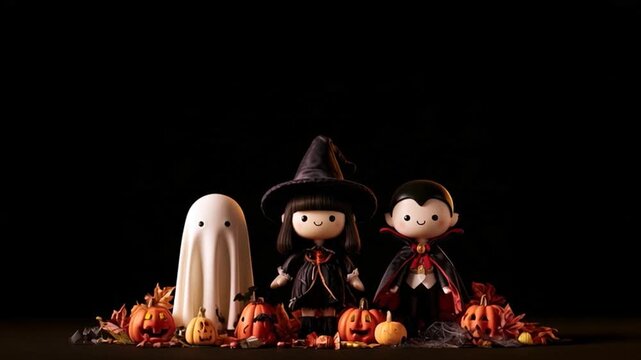 Set of animated cartoon Halloween characters, including a witch, Dracula, and a dancing witch, on a darkbackground.
