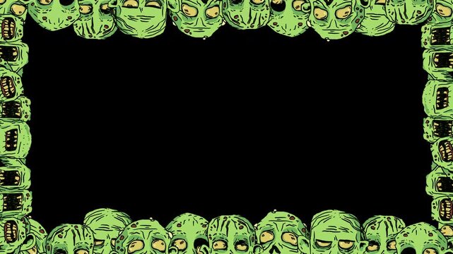 Seamless looping 2D animation of a horror frame with scary zombie heads peeking from top and bottom edges, opening mouths on the sides. Transparent alpha channel for video overlays, Halloween content.