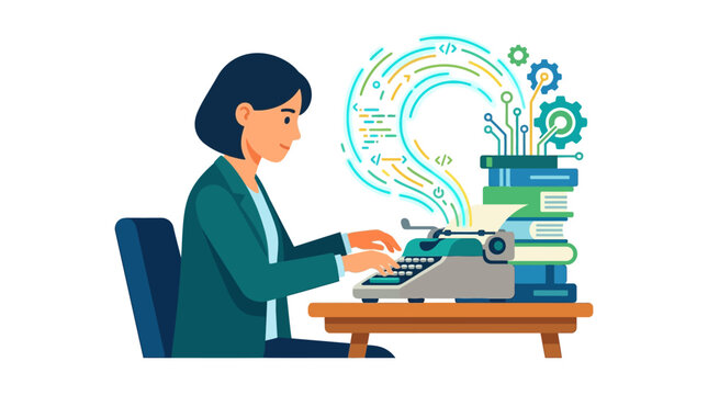 Professional woman technical writer typing API documentation on a typewriter flat vector illustration